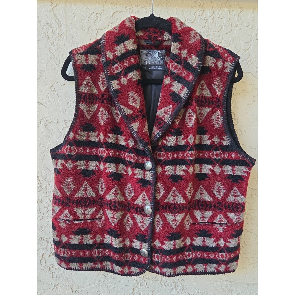 VTG Tsunami Fleece Red Native Geometric Sherpa Vest LARGE Pockets Canada Teddy